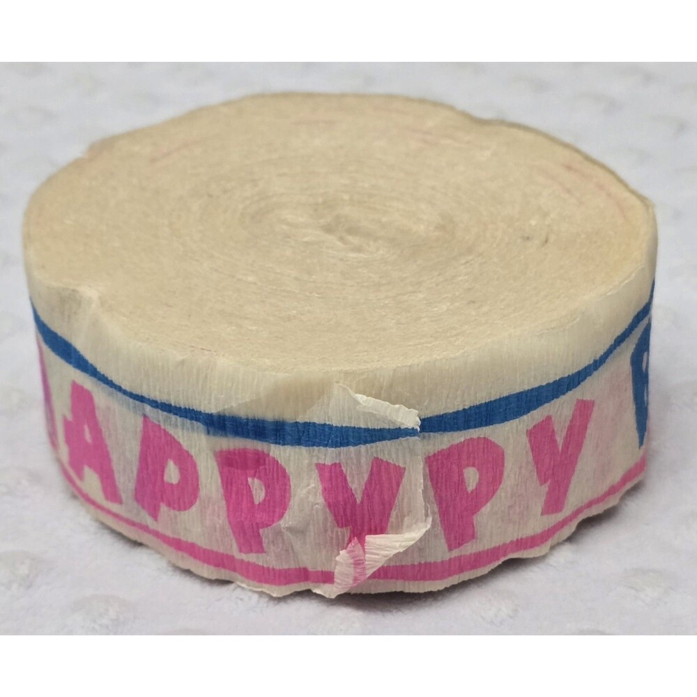 Vintage Happy Birthday Crepe Paper Streamer Roll Unused Pink Blue Retro Novelty